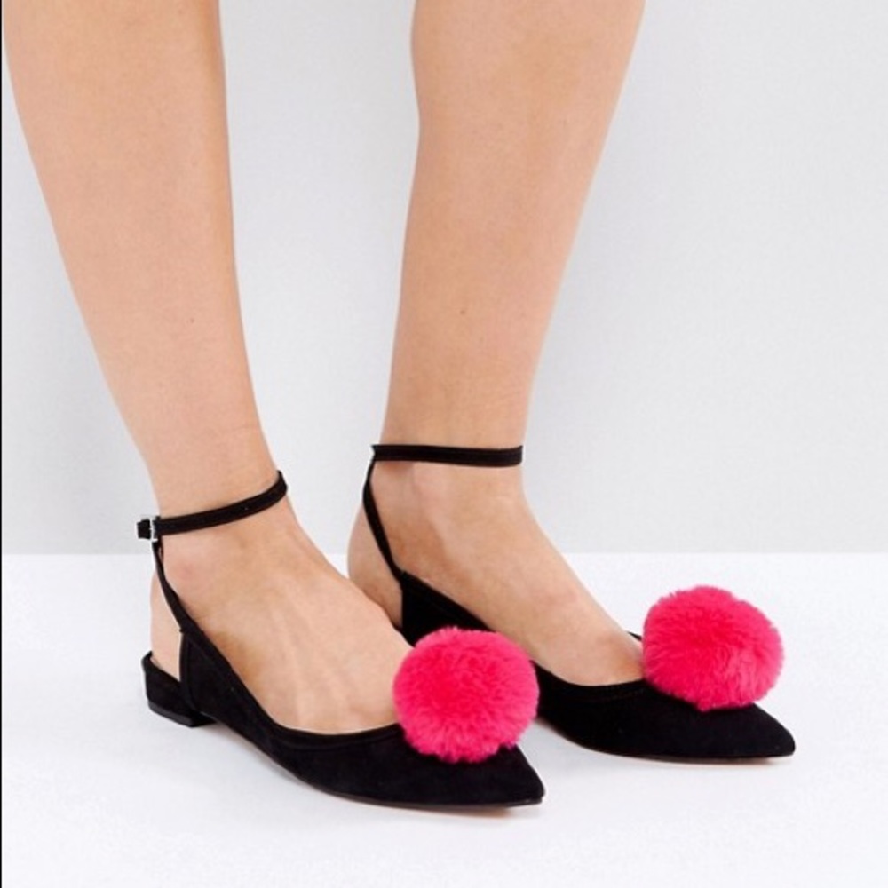 Pink Pom Pom Ballet Shoes Ankle Strap
